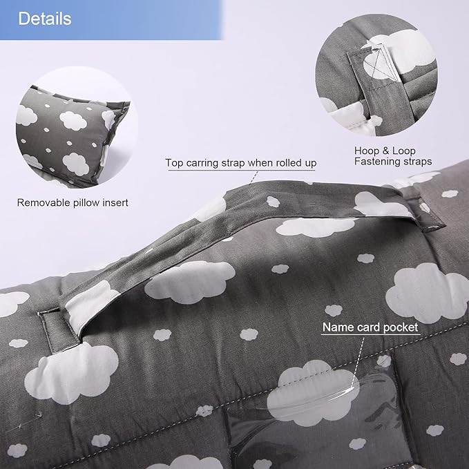 Toddler Nap Mat with Pillow and Minky Blanket,Soft Rolled Napping Mats for Boys and Girls,Lightweight Daycare,Preschool,Travel Toddler Sleeping Slumber Bags-50×20”(Cloud)