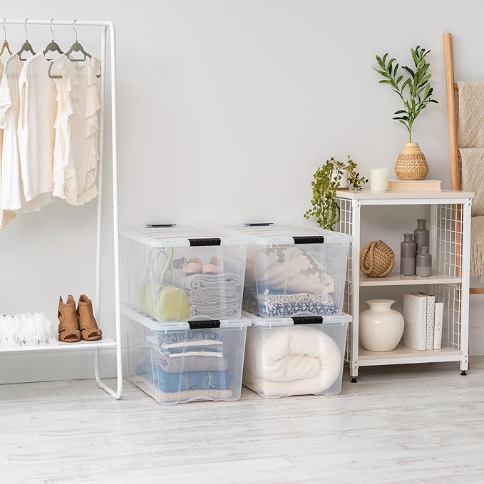 IRIS USA 68 L (72 QT) Plastic Storage Box with Lid and Latches - 4 Pack - BPA-Free, See-Through Organizing Solution, Durable Nestable Stackable Containers, Secure Pull Handle - Clear