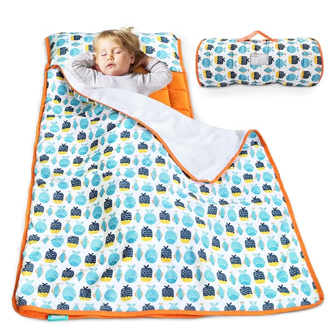 Biloban Toddler Nap Mat with Blanket, Cot Nap Mats for Standard Daycare Preschool, Roll up Lightweight Portable Sleeping Bag for Kids, Super Soft Cozy, Fish, 50" x 21"
