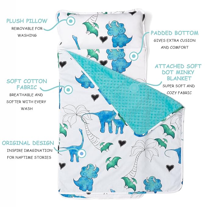 JumpOff Jo Nap Mat for Kids - Cozy Kids Rest Mat with Removable Pillow and Ultra Soft Blanket for Preschool, Daycare, and Sleepovers - Blue Dino