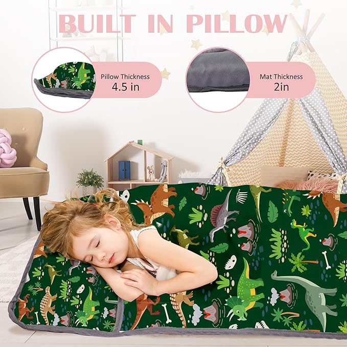 Cute Toddler Nap Mat with Pillow & Blanket，Soft Rolled Napping Mats for Boys and Girls