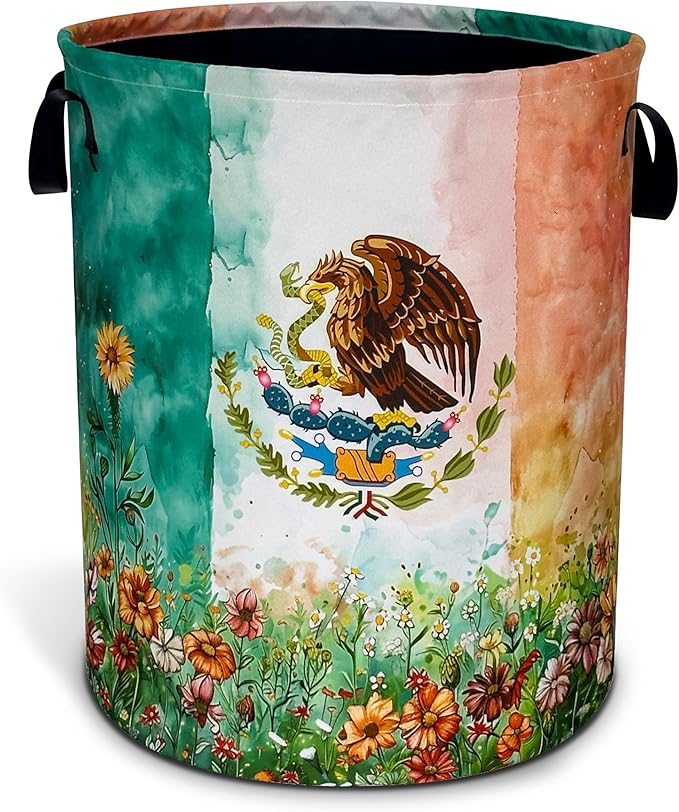 Mexico Flag Laundry Basket Mexican Flag Patriotic Oxford Cloth Laundry Hamper With Handle Foldable Portable Clothes Storage Basket 18.9 X 16.5 Inch Storage Bag For Laundry Room/Bathroom/Bedroom