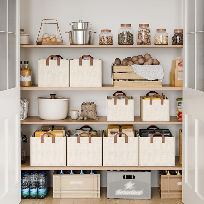 StorageWorks Storage Bins, Shelves Baskets for Organizing, Fabric Closet Organizers with Handles, Metal Frame, Beige（Texture）, 2-Pack