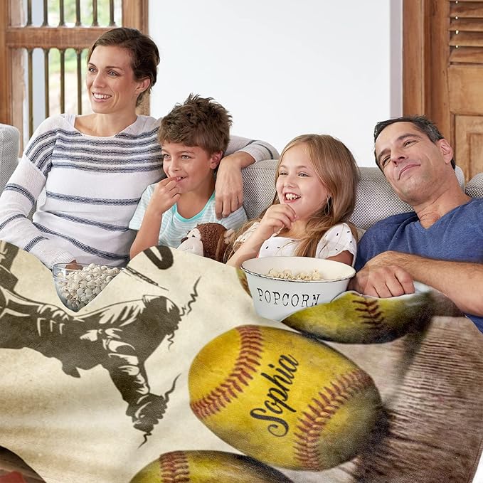 Custom Softball Blanket with Number Name: Personalized Fluffy and Warm Gift for Baby Toddler Kids and Adults Birthday Skin-Friendly Flannel Fabric(30X40inch)