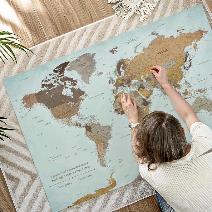 ElephantStock - A Thousand Miles World Push Pin Map Wall Art - Horizontal Canvas Wall Art - Living Room Wall Decor - Printmaking Map Canvas Art - Blue And Brown Decor - 51" x 34"