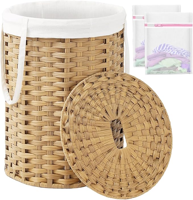 Laundry Hamper with Lid Laundry Basket with Lid 19.0 Gal (72 L) Round Wicker Laundry Basket Handwoven Rattan Hamper Removable Bag 2 Mesh Bags Handles for Living Room Bathroom Natural