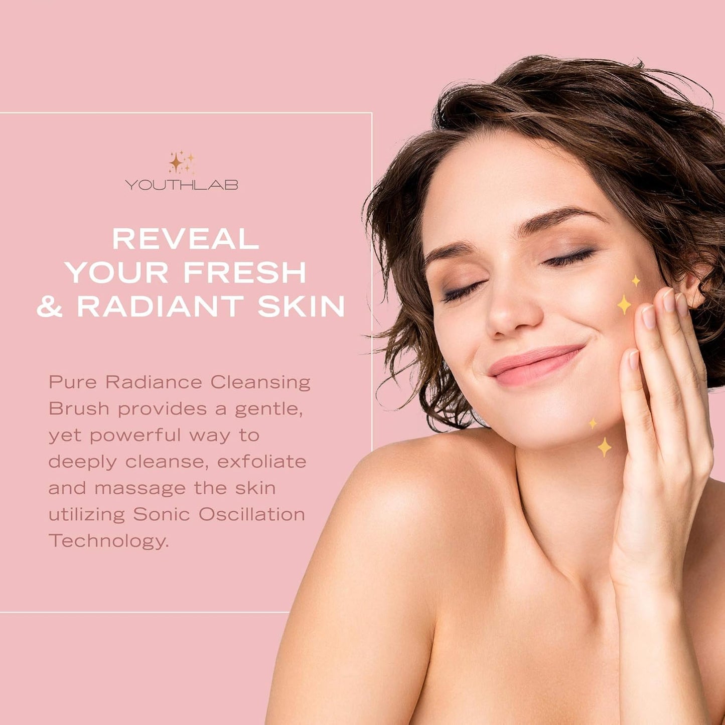 YouthLab Pure Radiance, Vibrating Facial Cleansing Brush, Electric, 3 Modes, 3 Brush Heads (2 Bristle,1 Silicone), Waterproof, Rechargeable, Smart Timer, Exfoliating, Massage (Rose Gold)