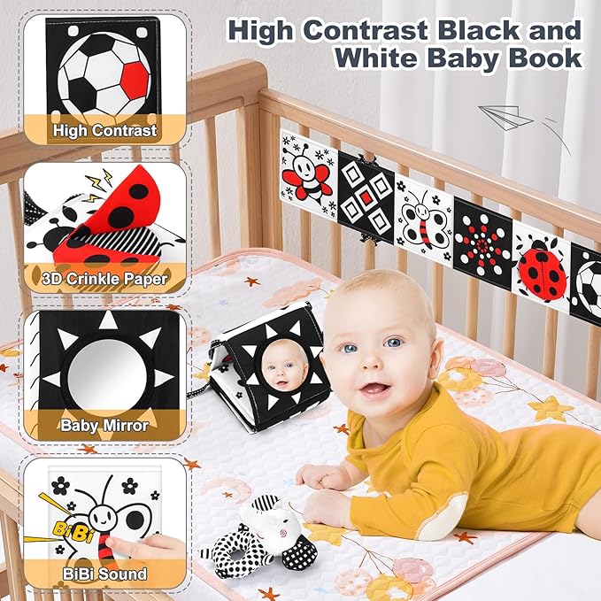 Newborn Toys,High Contrast Black & White Baby Toys 0-6 Months with Sensory Cards & Rattle, Essential for Brain Development, Tummy Time & Car Seat Toys for 0 2 4 6 Month Old