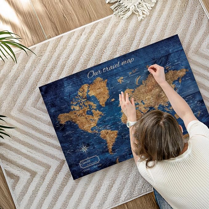 ElephantStock - Personalized Our Travel I Push Pin World Map Wall Art - Horizontal Canvas Wall Art - Living Room Wall Decor - Digital Art Map Canvas Art - Brown And Blue Decor - 36" x 24"
