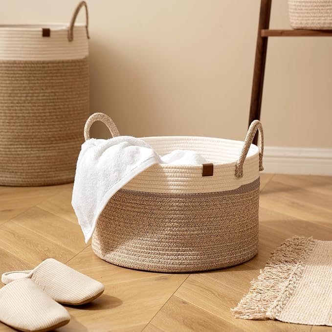 LA JOLIE MUSE Woven Basket Rope Storage Baskets - Tall Cotton Basket, Laundry Basket for Blanket, Kids Toy, Nursery Clothes Hamper Basket-S