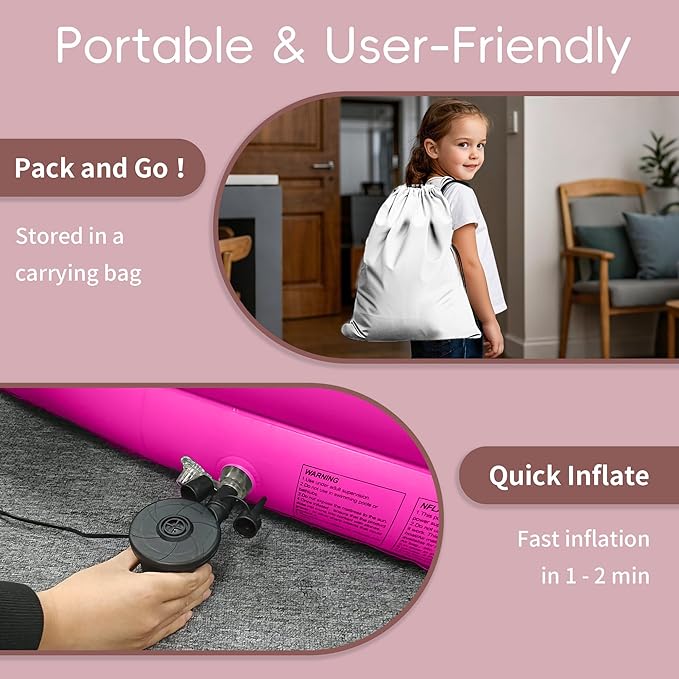 Inflatable Toddler Travel Bed, Portable Kids Air Mattress with Soft Bed Sheet, Toddler Air Mattress with Surround Safety Bumpers, Ideal for Home Use or Travel, Includes Pump and Carry Bag,Pink