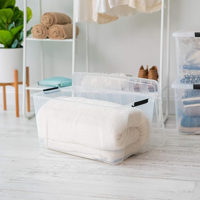 IRIS USA 68 L (72 QT) Plastic Storage Box with Lid and Latches - 4 Pack - BPA-Free, See-Through Organizing Solution, Durable Nestable Stackable Containers, Secure Pull Handle - Clear