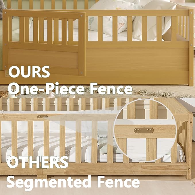 Bellemave Full Floor Bed with Slats, Full Size Floor Beds with High Fence and Door, Montessori Floor Bed Frame, No Box Spring Needed, Easy Assemble Montessori Bed, Natural