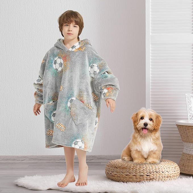 Fiosnow Glow in the Dark Football Blanket Hoodies for Kids 6-13YR Oversize Wearable Blanket Hoodies for Boys Girls Teens