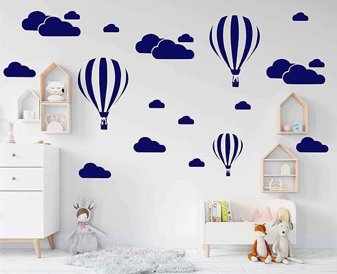 Giant Removable Vinyl 3D Hot air Balloons with Clouds Wall Decals DIY Wall Stickers Nursery Decor Kids Bedroom Art Decoration Girls Rooms Decal Child Sticker Home Walls Decal (White) D952 (Navy Blue)