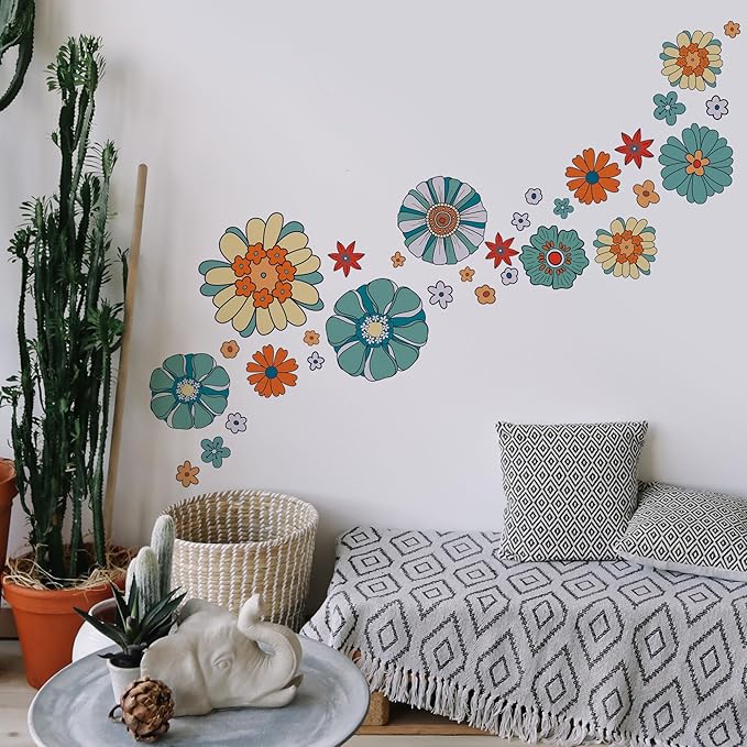 Boho Retro Flower Wall Decal - Retro Floral Decor Stickers,Peel and Stick Bohemian Style Flowers Decals for Kids Bedroom Nursery Playroom Living Room and Bedroom Wall Decorations