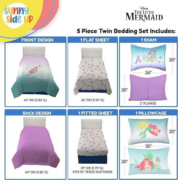 Sunny Side Up Disney The Little Mermaid Twin Comforter Set - 5 Piece Kids Bedding Includes Comforter, Sheets & Pillow Cover - Super Soft Ariel Microfiber Bed Set