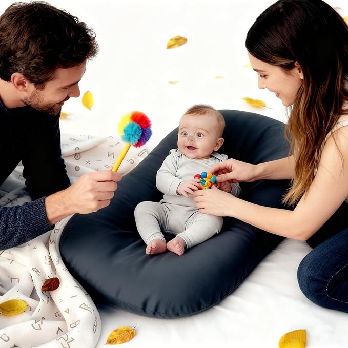 Baby Lounger 0-24 Months 100% Cotton,Soft & Breathable Tummy Time Mat for Newborn Infant Play Mat,Babies Essentials Gifts,Gray(Lounger Cover Included)