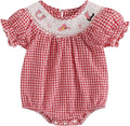Baby Girl Smocked Western Romper Short Sleeve Bubble Rompers Summer Clothes Plaid Print Embroidery Bow Bodysuit Tops