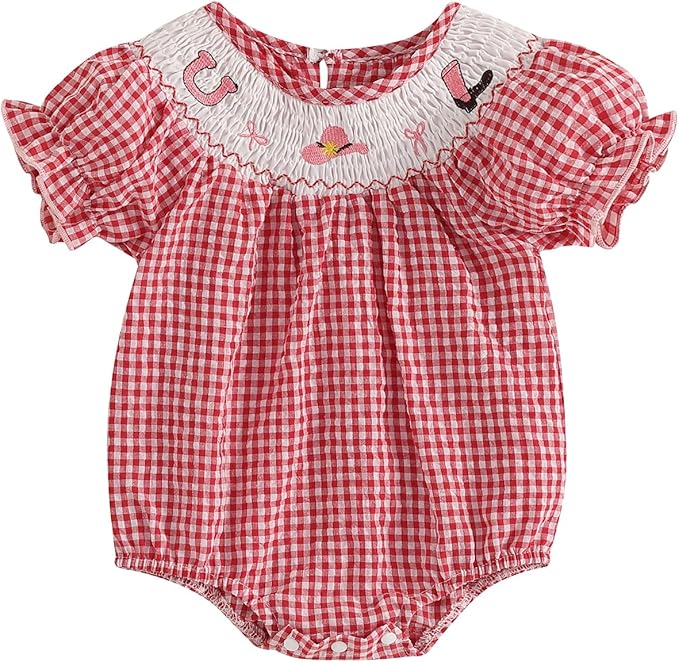 Baby Girl Smocked Western Romper Short Sleeve Bubble Rompers Summer Clothes Plaid Print Embroidery Bow Bodysuit Tops