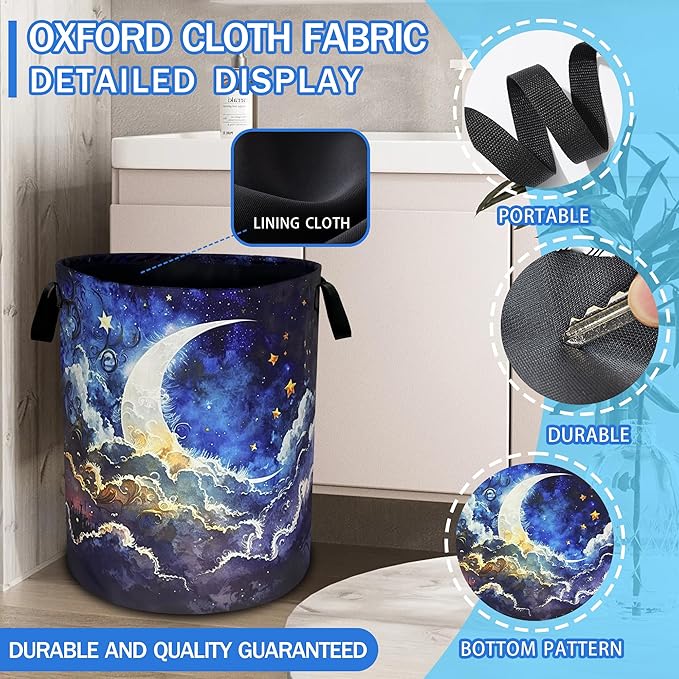 Night Moon Laundry Basket Oxford Cloth Starry Sky Laundry Hamper With Handle Foldable Portable Clothes Storage Basket 18.9 X 16.5 Inch Storage Bag For Laundry Room/Bathroom/Bedroom/Dormitories