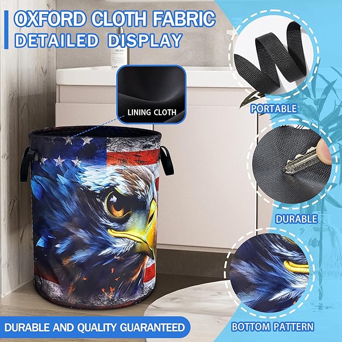 Vintage American Flag Eagle Laundry Basket Patriotic Oxford Cloth Laundry Hamper With Handle Foldable Portable Clothes Storage Basket 18.9 X 16.5 Inch Storage Bag For Laundry Room/Bathroom/Bedroom