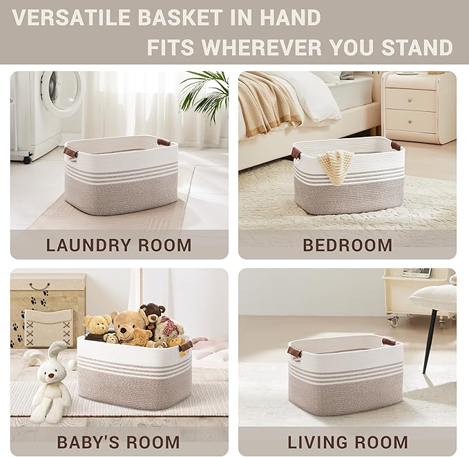 60L Large Laundry Basket with Leather Handles for Living Room Storage, Woven Rope Baskets Bin for Blanket, Kids Toy, Gifts, Wicker Hamper for Bedroom Dirty Clothes, White Brown