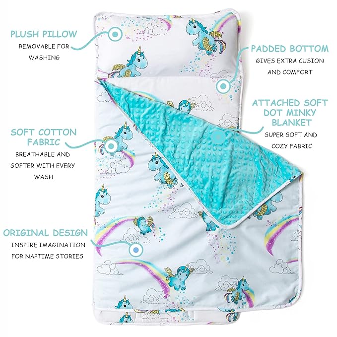 JumpOff Jo Nap Mat for Kids - Cozy Kids Rest Mat with Removable Pillow and Ultra Soft Blanket for Preschool, Daycare, and Sleepovers - Unicorn Pixie Dust