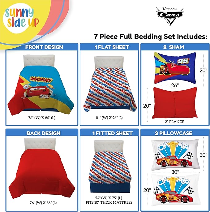 Disney Pixar Cars Lightning McQueen Full Comforter Set - 7 Piece Kids Bedding Includes Comforter, Sheets & Pillow Cover - Super Soft Racecar Microfiber Bed Set