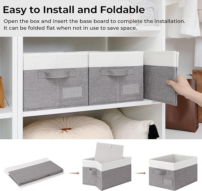 GRANNY SAYS Fabric Storage Bins, Closet Storage Bins for Clothes, Shelf Storage Baskets with Handles, Collapsible Storage Boxes, Decorative Storage Containers, Gray and White, Large, 3-Pack