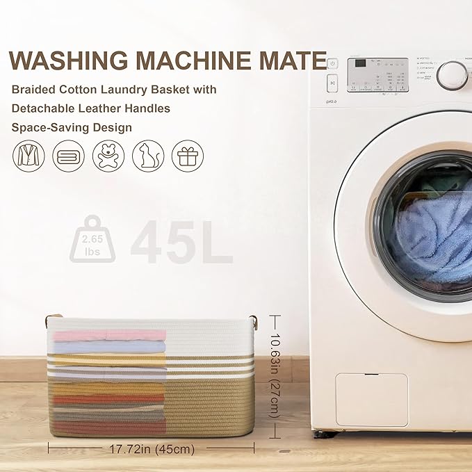 45L Small Laundry Basket with Leather Handles for Living Room Storage, Woven Rope Baskets Bin for Blanket, Kids Toy, Gifts, Wicker Hamper for Bedroom Dirty Clothes, 18"x14"x11" Khaki