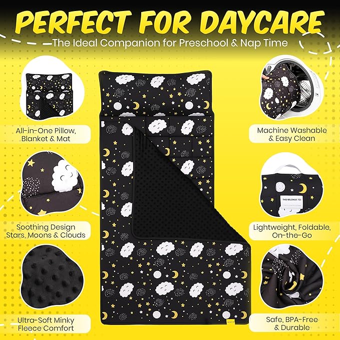 Roll Up Kids Nap mat with Fleece Ultra-Soft Minky Blanket and Pillow – Soft Toddlers Sleeping Mat with Dreamy Star-and-Cloud Design for Daycare, Preschool, Travel, Camping, Kindergarten