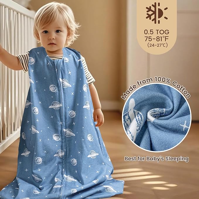 PHF Soft Baby Sleep Sack 18-24 Months 100% Organic Cotton Wearable Blanket, 2-Way Zipper 0.5 TOG Toddler Sleeping Sack 3 Pack, Comfy Sleep Bag for Baby Boys Girls, Navy Space (X-Large)
