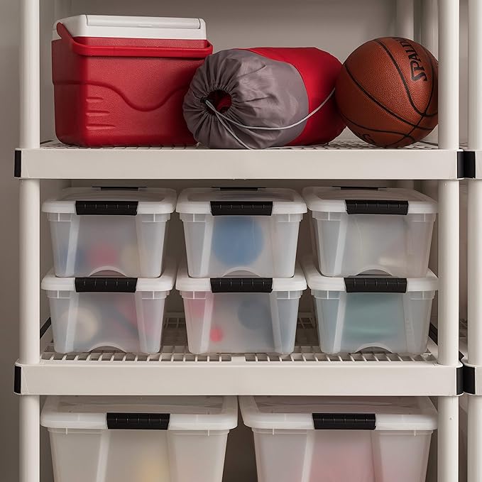 IRIS USA 13 QT Plastic Storage Box with Lid and Latches - 6 Pack - BPA-Free, Discreet Organizing Solution, Durable Nestable Stackable Containers, Secure Pull Handle - Pearl