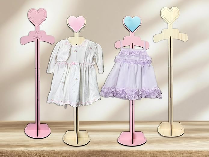 Lumber Reveal USA Baby Clothes Display Stand Personalized Baby Shower Centerpiece or Baby Doll Display | Adjustable Height, Heart-Topped Dress Hanger