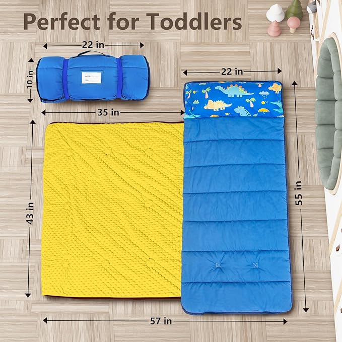 Primlect Toddler Nap Mat with Removable Pillow and Fleece Blanket, Extra Large 55''x35'' Sleeping Bag, Washable, Light, Easy to Roll up, Perfect for Daycare, Preschool, Kindergarten, Travel