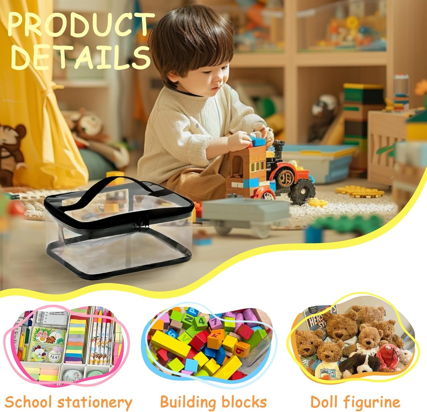 Transparent PVC Storage Bags with Reinforced Handles & Double Zipper - Waterproof Organizer Pouches for Toys, Travel Toiletries, Makeup, Crafts (9.4x6.7x4.3 Inch) 4 Pack