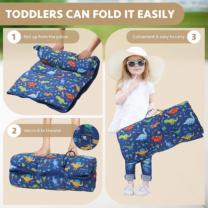 Toddler Nap Mat with Detachable Pillow & Blanket - Soft Plush Minky Fleece Kids Sleeping Bag for Daycare, Preschool & Travel - Portable Roll-Up Design with Carry Handle - Boys Girls Ages 3+