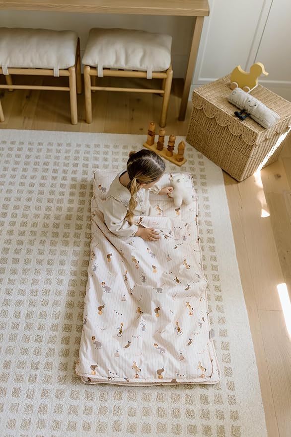 Organic Toddler Nap Mat – 100% Cotton Kids Washable Sleeping Mat & Detachable Pillow – Sleeping Bag with Soft 1.5” Pad – Ideal Nap Mat for Daycare, Preschool, & Sleepovers