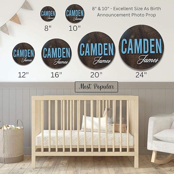 Custom Round Nusery Name Sign, Personalized 3D Baby Name Announcement Sign, Personalized Wooden Wall Plaque, 3D Wall Art for Children & Kids Rooms, Family Name Signs, 30 Colors (Design 3)