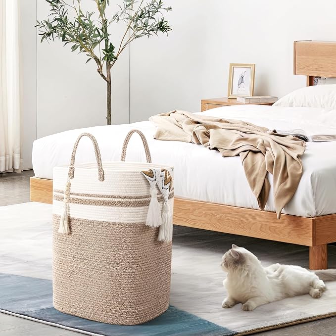 Woven Laundry Basket for Clothes, 50 L Large Rectangle Laundry Hampers with Beads Tassel, Nursery Storage Basket for Toys, Tall Dirty Clothes Hamper for Bedroom Aesthetic, Laundry Room Organization