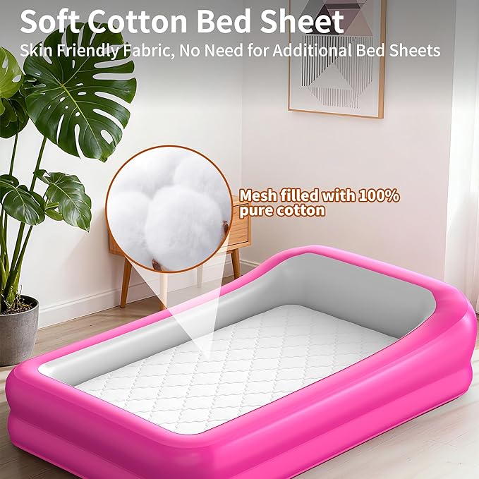 CAMPLAND Inflatable Toddler Travel Bed, Portable Kids Air Mattress with Soft Bed Sheet, Toddler Air Mattress with Surround Safety Bumpers, ldeal for Home Use or Travel, Includes Pump and Carry Bag