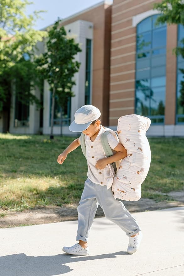 Organic Toddler Nap Mat – 100% Cotton Kids Washable Sleeping Mat & Detachable Pillow – Sleeping Bag with Soft 1.5” Pad – Ideal Nap Mat for Daycare, Preschool, & Sleepovers