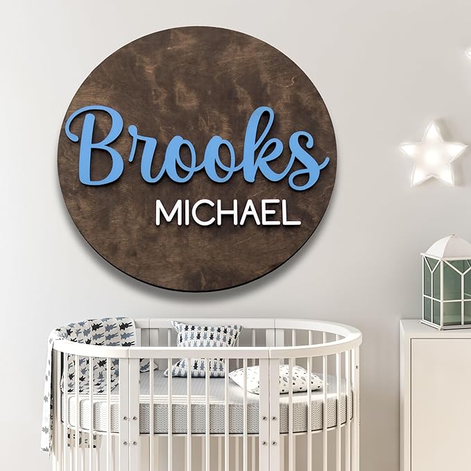 Custom Round Nusery Name Sign, Personalized 3D Baby Name Announcement Sign, Personalized Wooden Wall Plaque, 3D Wall Art for Children & Kids Rooms, Family Name Signs, 30 Colors (Design 2)