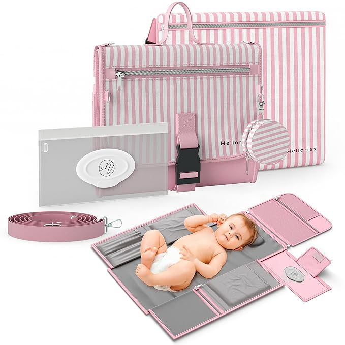 Portable Diaper Changing Pad - Large, Waterproof Travel Changing Pad for Baby with Extra Storage, Wipes Pocket & Pacifier Case - Portable Diaper Changing Station - Pink Striped