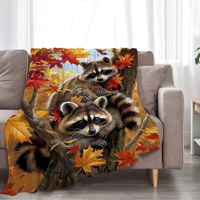 Raccoon Blanket Funny Raccoons Gifts for Girls Boys Woman Kids Raccoon Lover Maple Leaf Throw Blankets Soft Blanket Warm Fleece Flannel Plush Blankets for Bed Sofa Couch 60"x80"