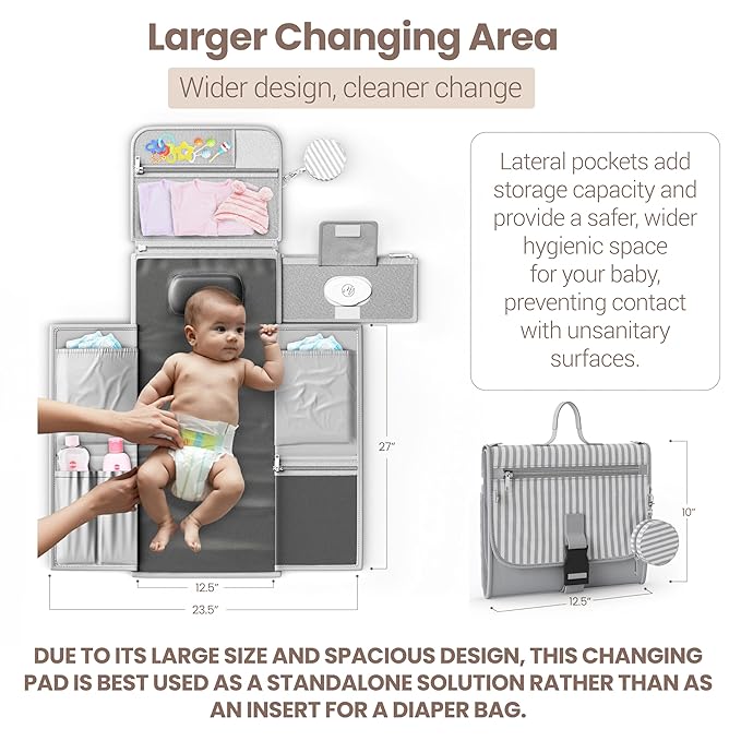 Portable Diaper Changing Pad - Large, Waterproof Travel Changing Pad for Baby with Extra Storage, Wipes Pocket & Pacifier Case - Portable Diaper Changing Station - Gray Striped