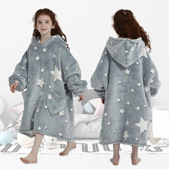 Fiosnow Glow in the Dark Star Blanket Hoodies for Kids 6-13YR Oversize Wearable Blanket Hoodies for Boys Girls Teens