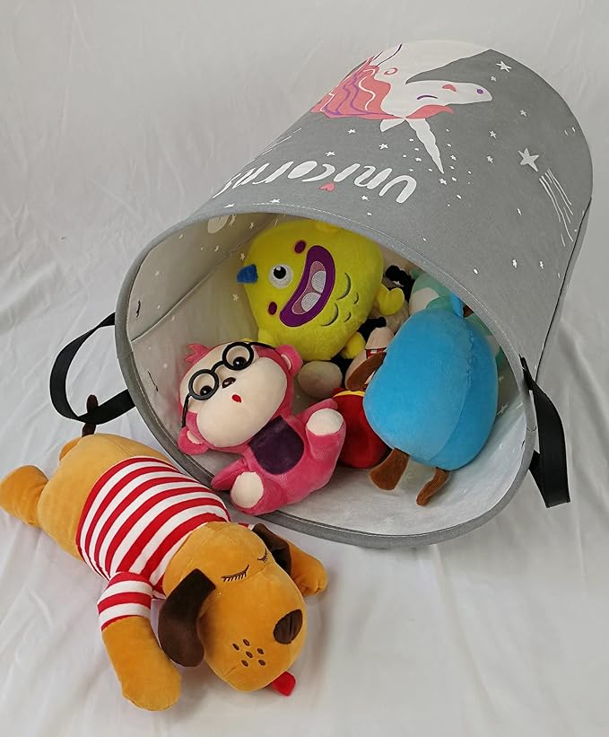KUNRO Round Laundry Basket Hamper Kids Toys and Clothes Storage Basket Children Gift Basket Baby Toy Organizer Bins for Room Decor (Grey Unicorn)