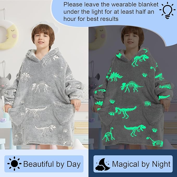 Fiosnow Glow in the Dark Dinosaur Fossil Blanket Hoodies for Kids 6-13YR Oversize Wearable Blanket Hoodies for Boys Girls Teens